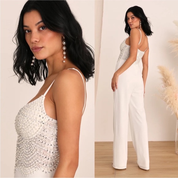 White Pearl Sequin Bustier Mermaid Sleeveless Jumpsuit 🌿 - Picture 3 of 12
